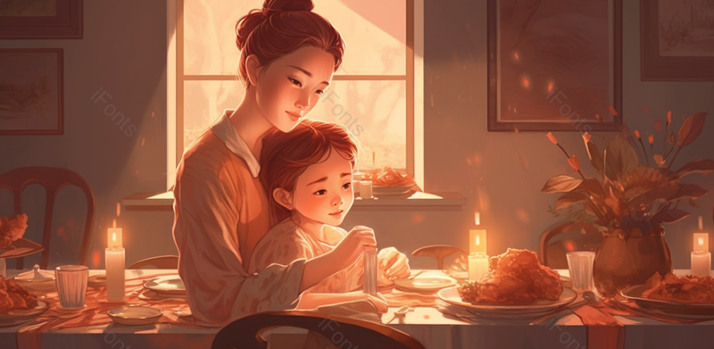 黄昏下抱着孩子的母亲母亲节插画手绘黄色温馨亲人吃饭海报广告图,插画/手绘图,插画/手绘图库,插画/手绘图下载,插画/手绘